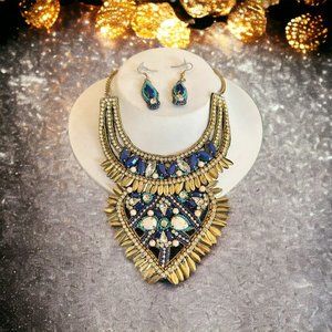 Beaded Blue Gold Ethnic Pierced Earring Necklace Set